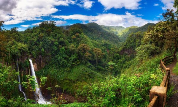 Catarata del Toro waterfall with surrounding mountains in Costa Rica